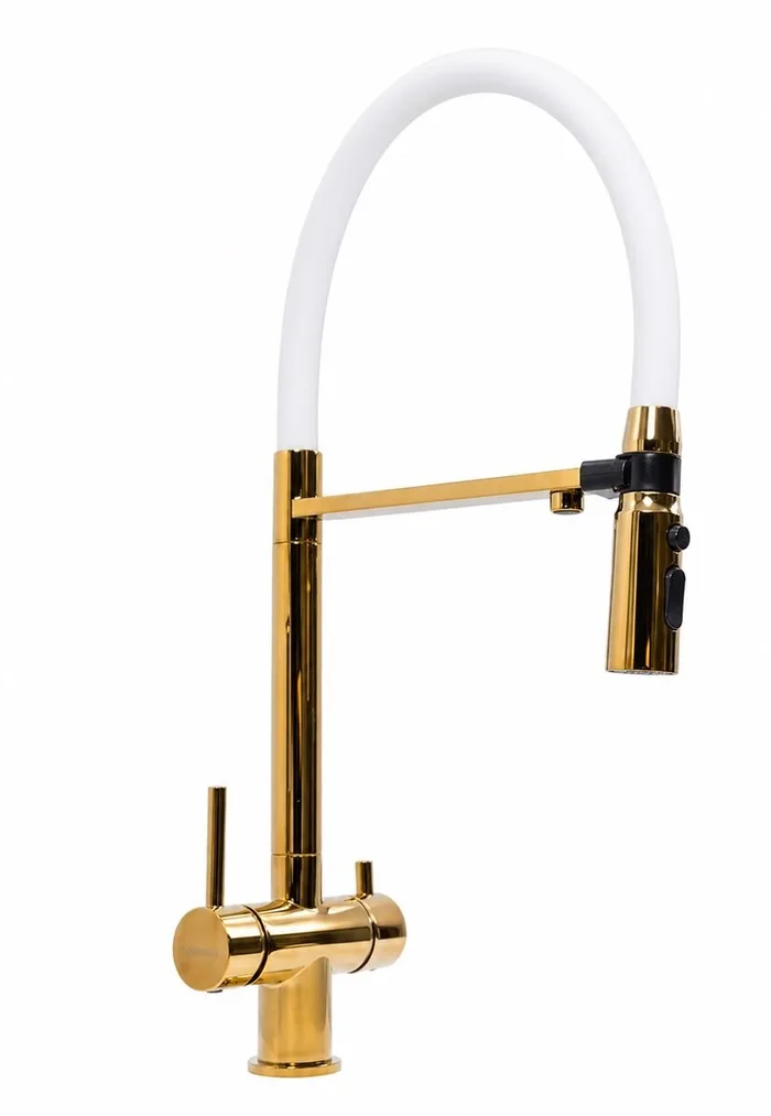 NES-TN65W with Flexible White Spout & Filter Outlet PVD Gold