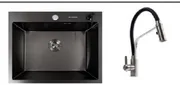 Kitchen Sink Set Zelto 6050 PVD Black ECN 2.00mm/0.5mm & kitchen faucet KN36 Black with flexible spout — 1