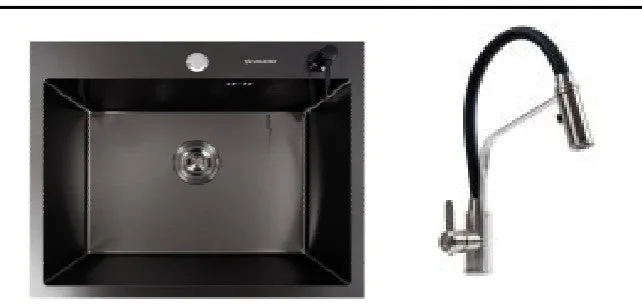 Kitchen Sink Set Zelto 6050 PVD Black ECN 2.00mm/0.5mm & kitchen faucet KN36 Black with flexible spout