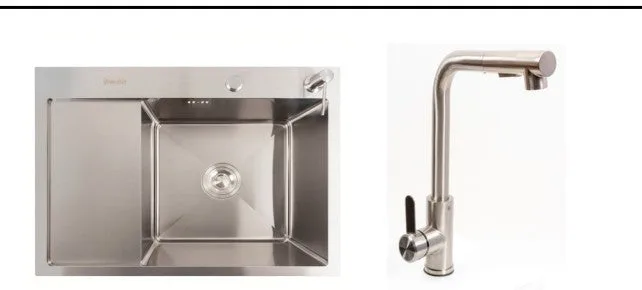 Kitchen Sink Set Zelto 6550R Inox 3.00mm/0.8mm & kitchen faucet FC-1 with detachable shower